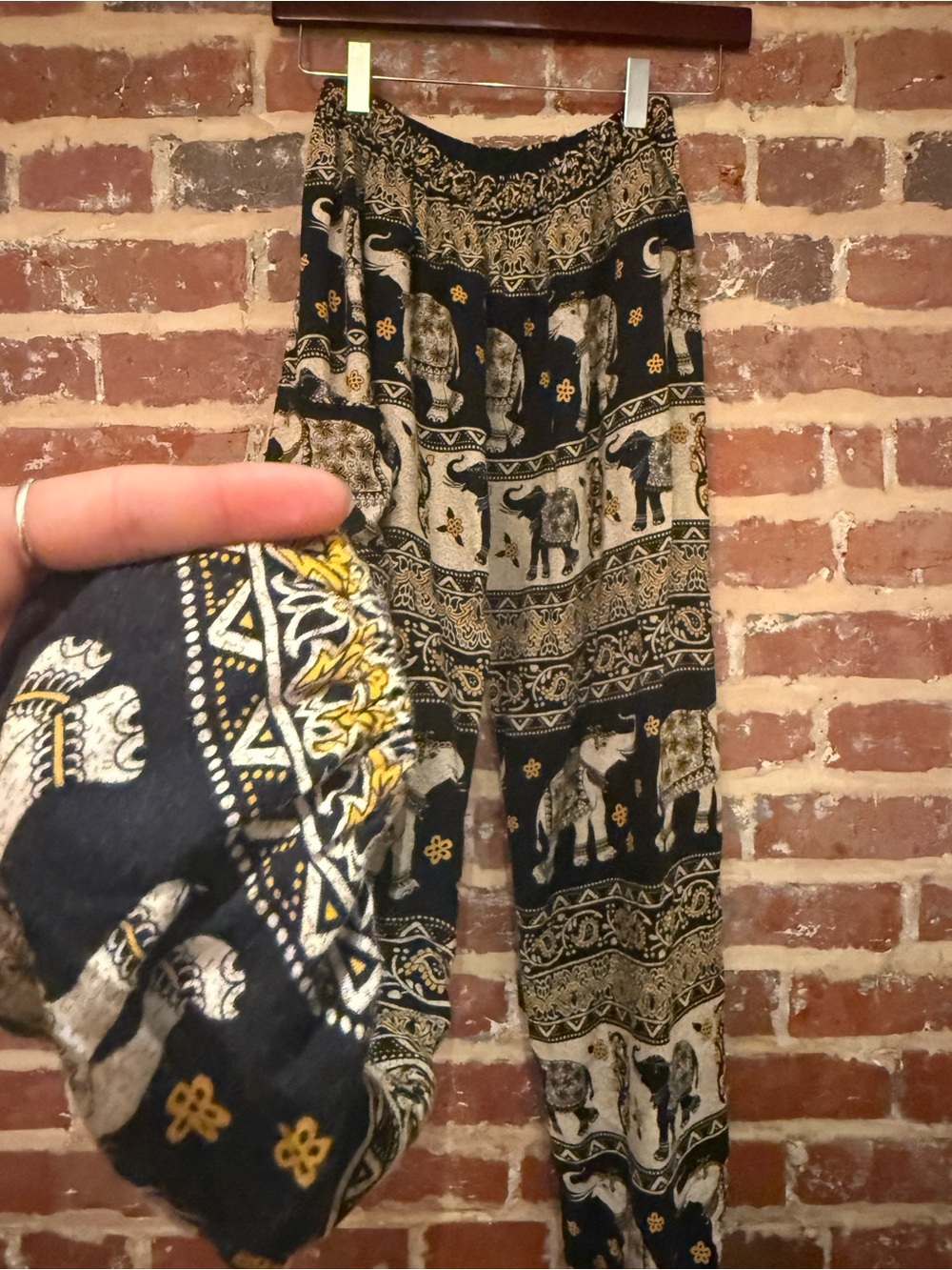 EARTHBOUND Black and Cream Elephant Print Harem Joggers with Gold Accents